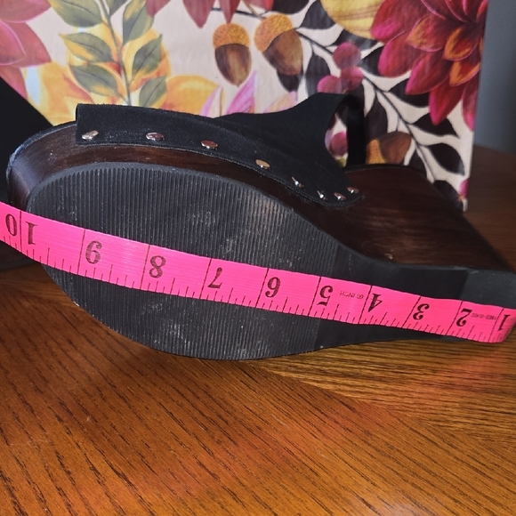 Torrid Black Suede Wedges with Brown Wooden Heel - Picture 13 of 14